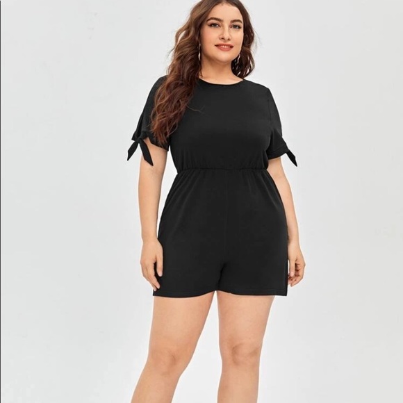 Plus knot cuff tie back A-line romper by SHEIN